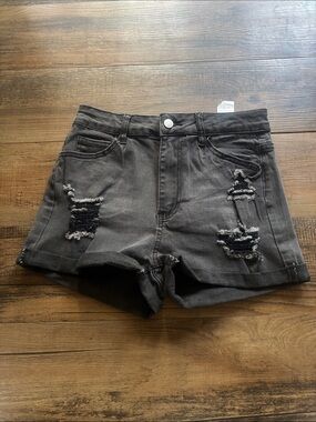 SHEIN Women’s Distressed High-Waist Denim Shorts - Charcoal